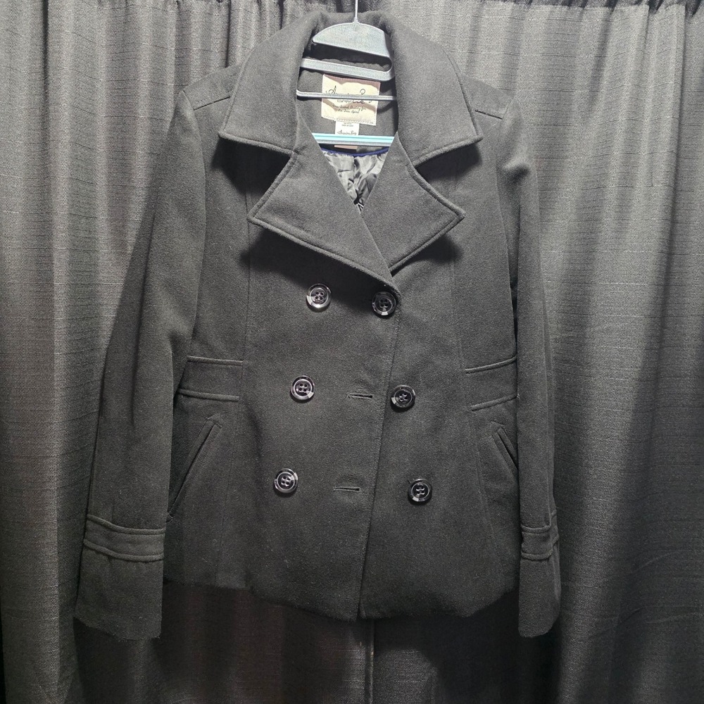 American Rag Cie Womens Black‎ Double Breasted Pea Coat Jacket Size L RN38843